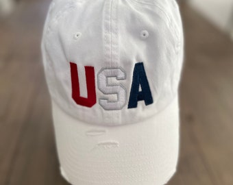 Embroidered USA Distressed Hat, Patriotic Baseball Cap