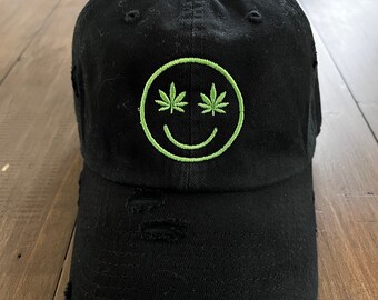 Embroidered Smiley Hat-Marijuana Hat-420 Hat-Cannabis Hat-Embroidered Distressed Hat-Stoner Hat-Pot Hat-Stoner Girl Hat-Weed Lover Hat