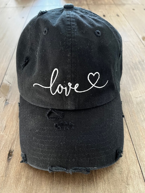Embroidered Love Heart Hat, Distressed Black Cotton Baseball  display picture 2