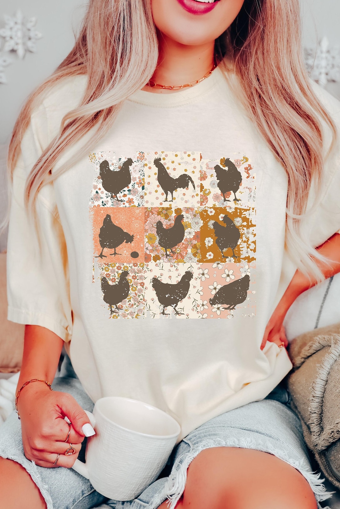 Retro Chicken Print Casual V-neck Denim Loose Shirt main image 1