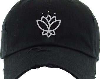 Embroidered Lotus Flower-Distressed Hat-Lotus Blossom Hat-Boho Hat-Yoga Hat-Hippie Accessories