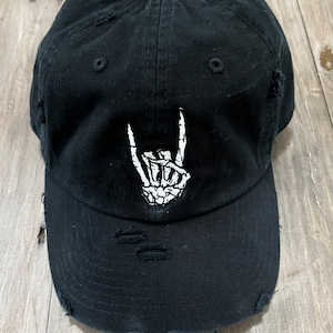 Grunge Hat-Hang Loose Hat-Skelton Rock on Hat, Embroidered Skeleton Hat, Distressed Black Hat-Right On Hat