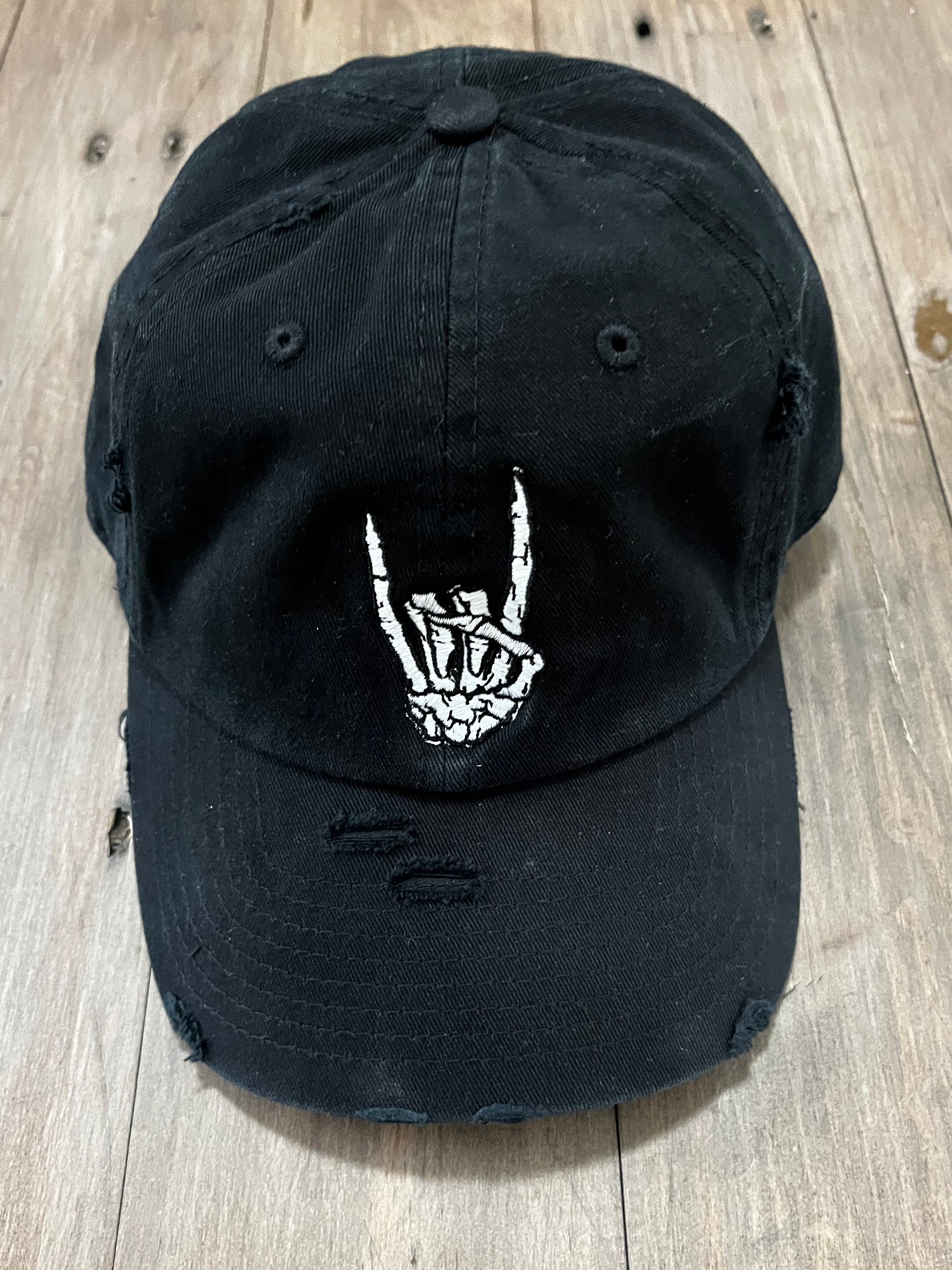 Grunge Hat-Hang Loose Hat-Skelton Rock on Hat, Embroidered Skeleton Hat, Distressed Black Hat-Right On Hat