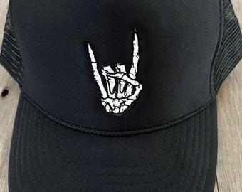 Skeleton Hand Hat-Hang Loose Hat, Embroidered Halloween Hat, Spooky Season Hat, Halloween Trucker Hat, Black Foam Trucker Hat