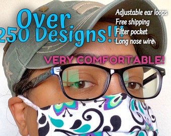 Floral Cotton Face Mask, Adjustable Ear Loops, Filter Pocket, Nose Wire, Made in USA