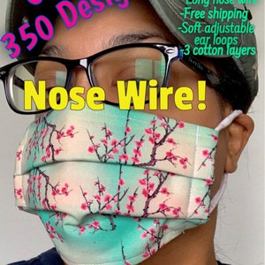 High Quality face mask, adjustable soft ear loop, 3 layer, nose wire anti-fog filter pocket, fabric washable double mask 100% cotton USA