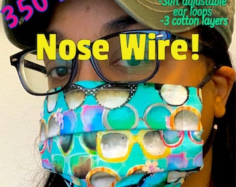 Washable Cotton Face Mask, Adjustable Ear Loops, Nose Wire, Filter Pocket