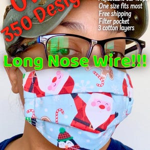 Holiday Cotton Face Mask, Adjustable Ear Loops, Nose Wire, Filter Pocket