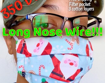 Holiday Cotton Face Mask, Adjustable Ear Loops, Nose Wire, Filter Pocket