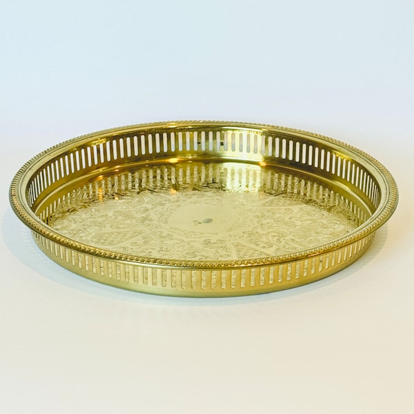 Vintage Gallery Edge Brass Plated Round Etched Tray