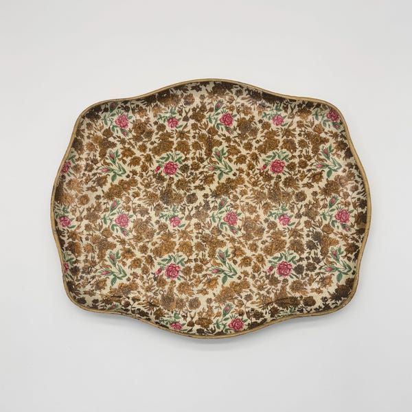 Bandeja vintage de papel maché de chintz dorado y rosa, fabricada en Japón, de 35,5 cm.