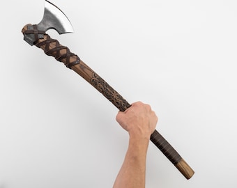 Handmade Viking Axe: Forged Bearded Axe with Carved Ash Handle