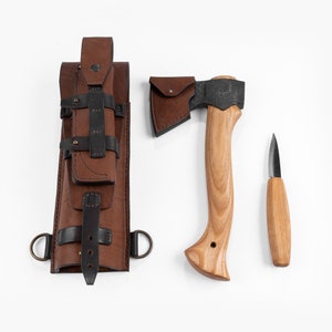 Bushcraft Camping Set - Finnish Axe and Carving Knife with Solid Leather Case for Wood Spoon Carving, Hiking, Backyard