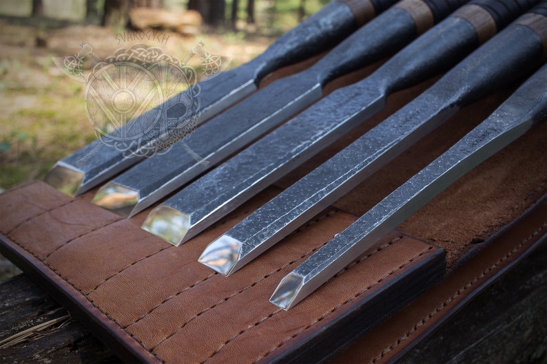 Set Five Chisels with Beveled edges and rings and leather on Etsy