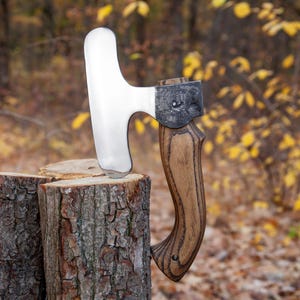 May include: A silver axe with a wooden handle, the axe is resting on a tree stump. The axe has a unique shape with a wide blade and a rounded head.