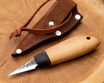 Hand Forged Detail Carving Knife with Leather Sheath – Fine Point Whittling Knife for Spoon Carving, Chip Carving, Woodworking Tool