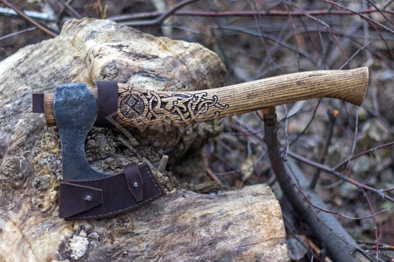 VIKING AXE Hand Forged with Carved Handle Nordic Barbarian High Carbon Steel