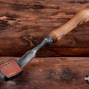 Handmade Spoon Carving Bent Chisel 2 cm : 52100 Steel, Ash Handle, Leather Sheath image 7