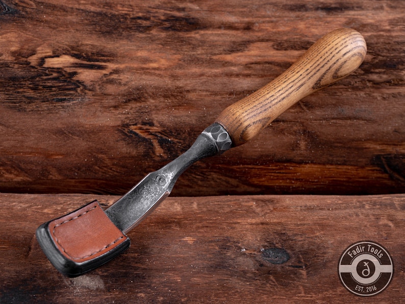Handmade Spoon Carving Bent Chisel 2 cm : 52100 Steel, Ash Handle, Leather Sheath image 7