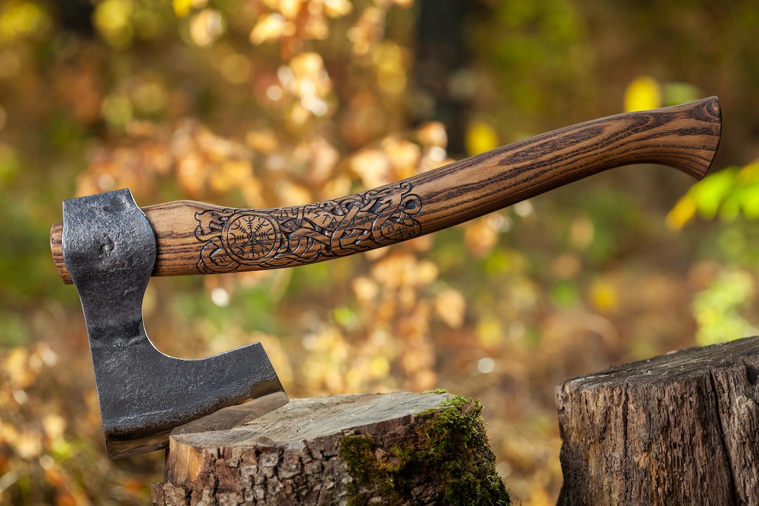 Hand Forged Viking Axe: Carbon Steel Bearded Camp Hatchet With