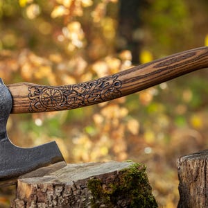 Hand Forged Viking Axe - Bearded Camp Hatchet with High Quality Carbon Steel, Leather Case and Belt Loop