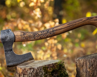 Hand Forged Viking Axe: Carbon Steel Bearded Camp Hatchet with Leather Case