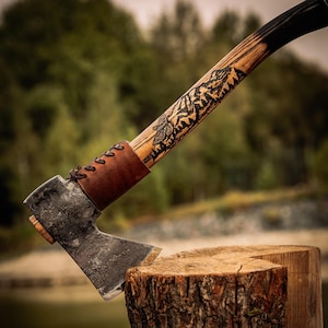 Hand Forged Bushcraft Axe: Carved Ash Handle, Leather Case
