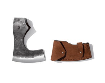 May include: A silver axe with a brown leather sheath. The axe has a curved blade and a rounded handle.