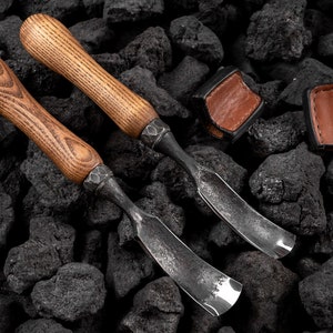 Set of Spoon Bent Chisels of 2 and 3cm - Han forged carving tools for making kuksa, spoons, bowls
