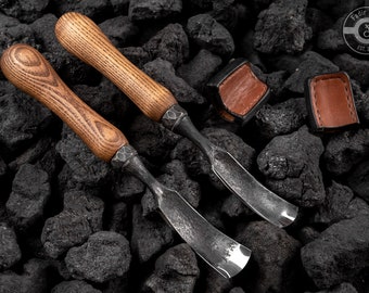 Hand Forged Spoon Chisels: Bent Carving Tools with Ash Handle