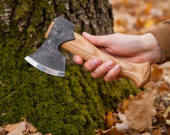 Hand Forged Carbon Steel Axe: Ash Wood Handle, Leather Case