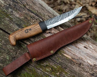 Handmade Bushcraft Knife 2.0: Ashtree & Hornbeam Handle, Leather Case