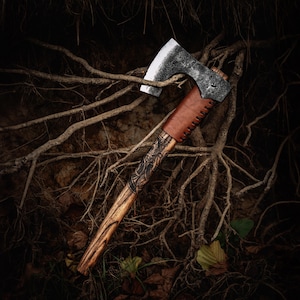 Hand Forged Viking Bearded Axe with Hammer, High Carbon Steel, Leather Case, Carved Handle