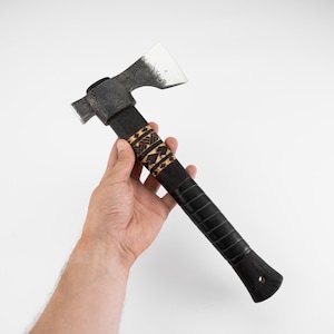 Hand Forged Tomahawk Axe - Camping Hatchet with Hammer, Short Handle, Leather Wrapping and Sheath