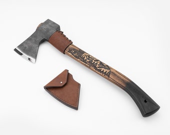 Middle Bushcraft Axe with Carvings on Handle and Leather Case - Hand Forged Camping Axe, Bushcraft Hatchet, Forest Axe for Hiking