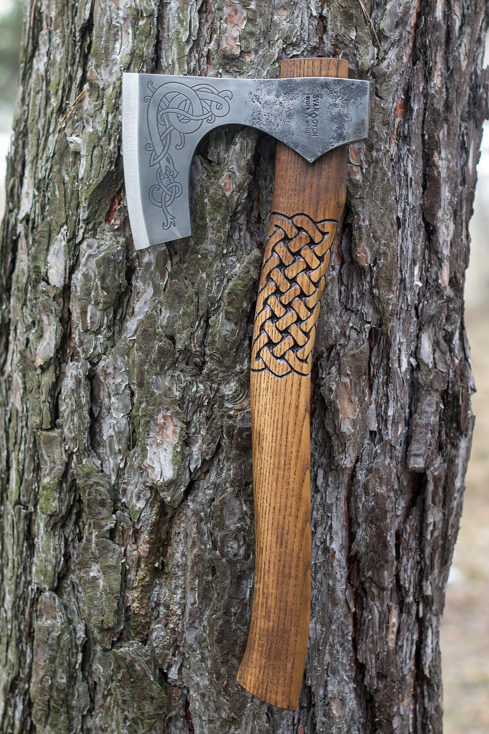 Hand-Forged Viking Axe, 52100 Steel with Etching on the Head with Lea…