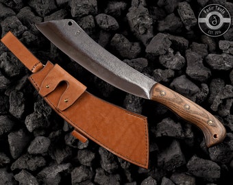 Cuchillo Bushcraft grande: hoja de acero 1066, mango de fresno, funda de cuero