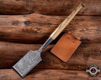 4" Long Timber Framing Chisel with Angeled Handle, Beveled Edge, Leather Belt Sheath
