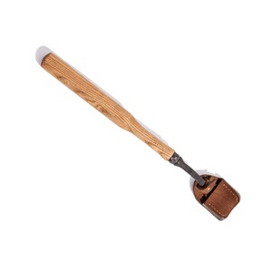 May include: A wooden-handled gardening tool with a brown leather sheath. The tool has a metal blade and a wooden handle.