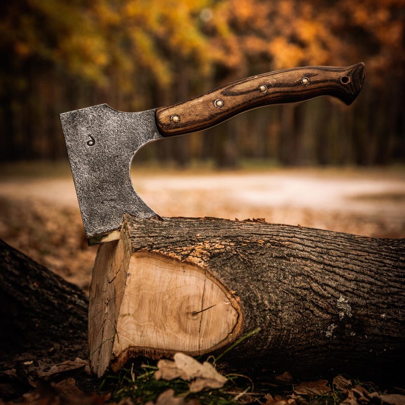 May include: Axe with a dark metal head and a wooden handle. The handle is secured with rivets. The axe is embedded in a section of a tree trunk, with a blurred forest background.