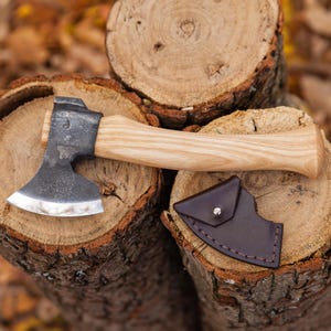 May include: A small hand axe with a wooden handle and a leather sheath. The axe is resting on a stack of tree rounds.