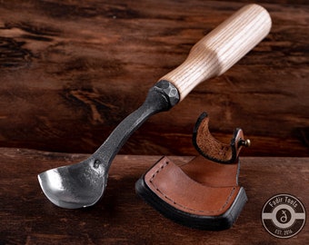 Hand Forged Spoon Gouge: 3.5cm Bent Wood Carving Tool with Leather Sheath