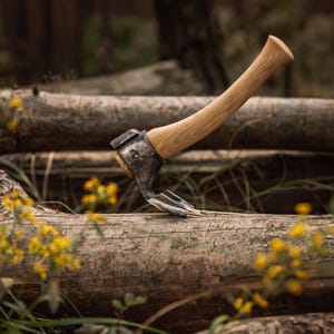 May include: A hand axe with a wooden handle and a metal head, resting on a weathered log. The axe head is silver and the handle is light brown. The background features more logs and blurred greenery.