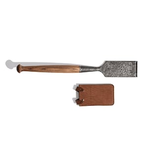 May include: A wooden handled chisel with a metal blade and a brown leather sheath.
