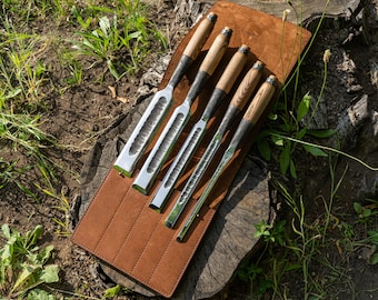 Hand Forged Beveled Edge Chisel Set: 52100 Steel, Ash Handle, Leather Case