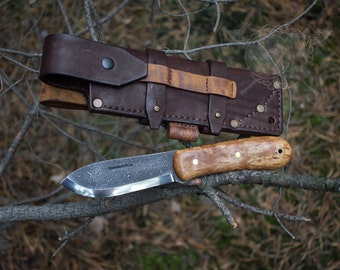 Hand-Forged Bushcraft Knife with Stabilized birch Handle and Leather, Custom Knife, D2 steel,