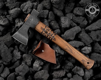 Hand Forged Tomahawk Axe - Camping Hatchet with Hammer, Short Handle, Leather Wrapping and Sheath