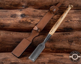 Hand Forged Timber Framing Chisel: 2" Beveled Edge, Ash Handle, Leather Sheath
