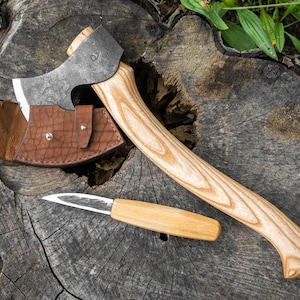 Hand Forged Wood Carving Set: Axe and Knife with Ash Handles