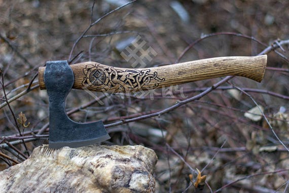 VIKING AXE Hand Forged with Carved Handle Nordic Barbarian High Carbon Steel